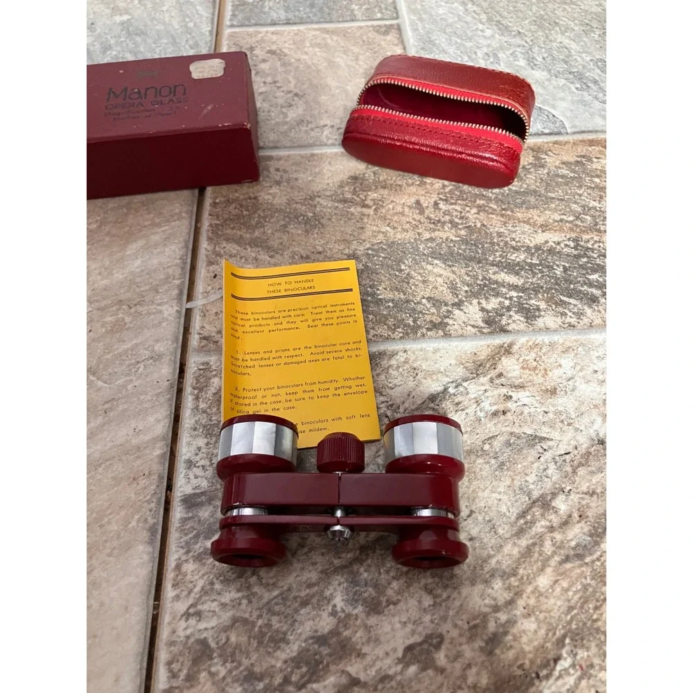 Vintage Manon Shrine Opera Glasses 3x Coated Mother of Pearl Red with Box Case